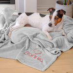 dog siting on a personalised pet blanket