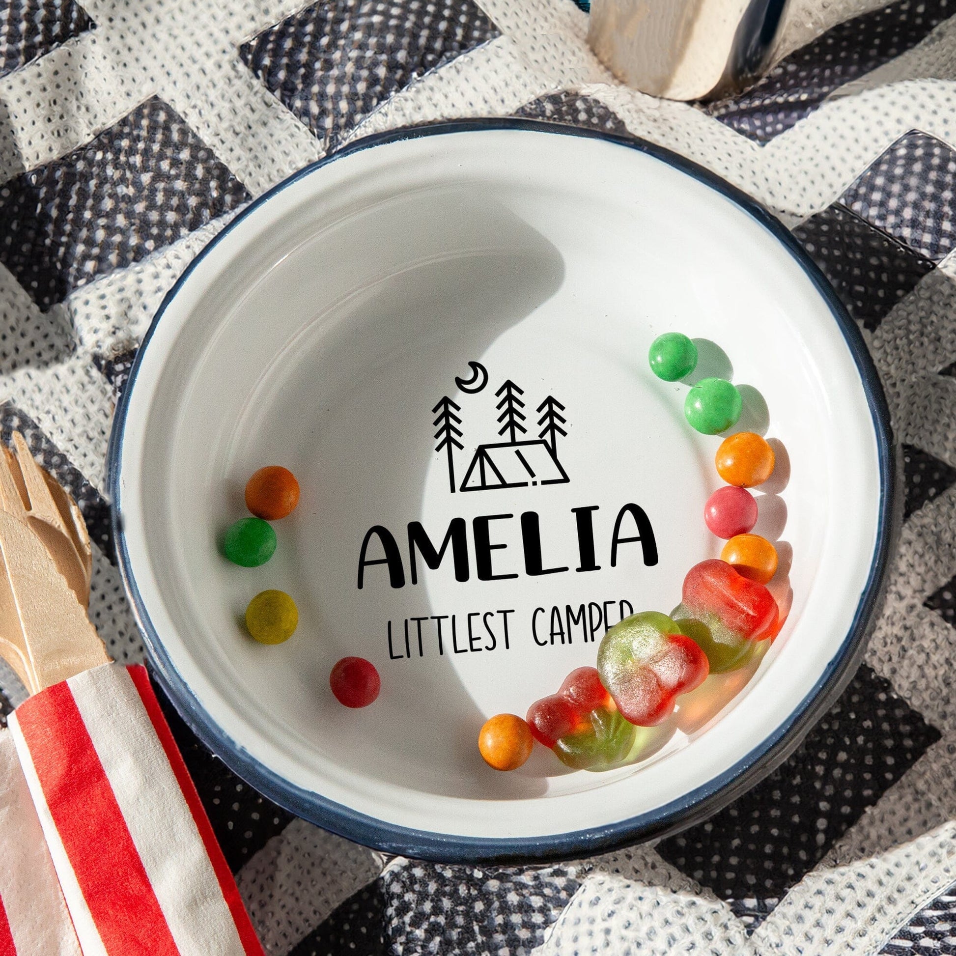 Personalised Littlest Camper Enamel Camping Bowl - Tent Logo -  On picnic blanket