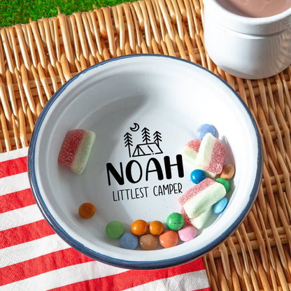 Personalised Littlest Camper Enamel Camping Bowl - Tent Logo -  on the picnic hamper