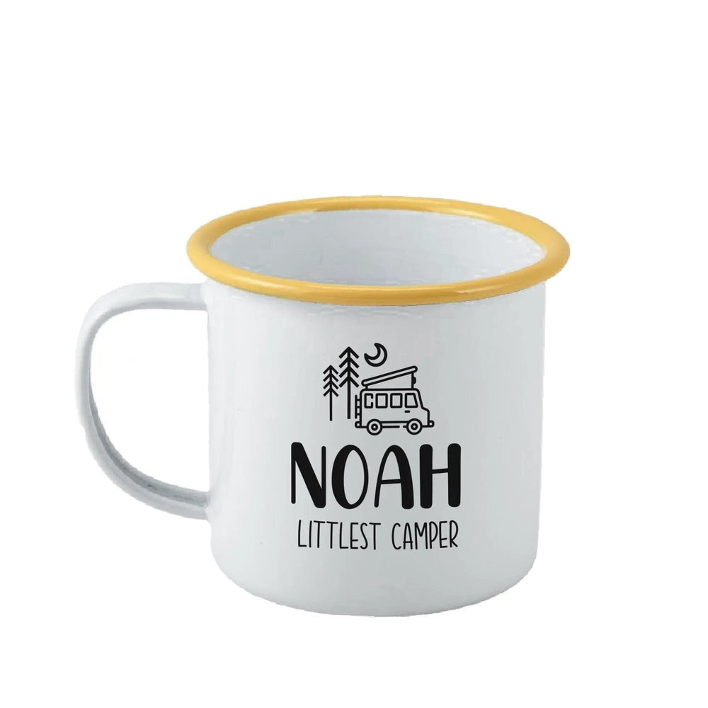 Personalised Littlest Camper Enamel Camping Mug - Van Logo - Duncan Stewart 1978 Enamel-White-with-Yellow-Rim Duncan Stewart 1978