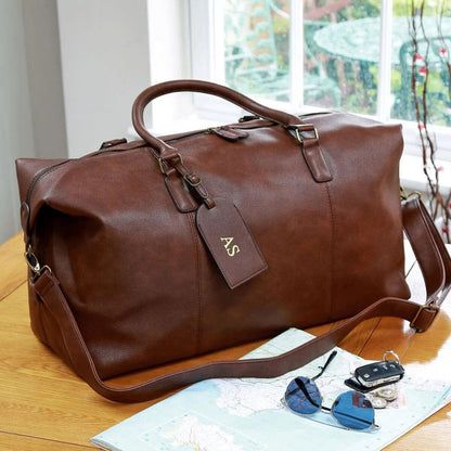 Personalised Luggage Tag And Faux Leather Holdall Set, Brown - Duncan Stewart 1978 NuHide-Tan Duncan Stewart 1978