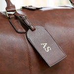 Closeup of the Personalised Brown Luggage Tag Gold Foil Debossed   