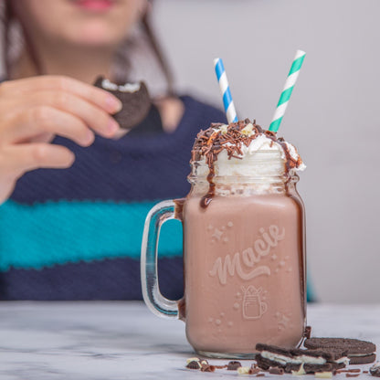 Personalised Milkshake Glass Mason Jar with milkshake in it and a model in the backdrop