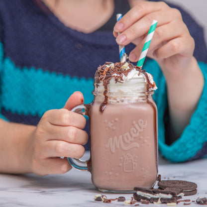 Personalised Milkshake Glass Mason Jar with milkshake in it and a model in the backdrop