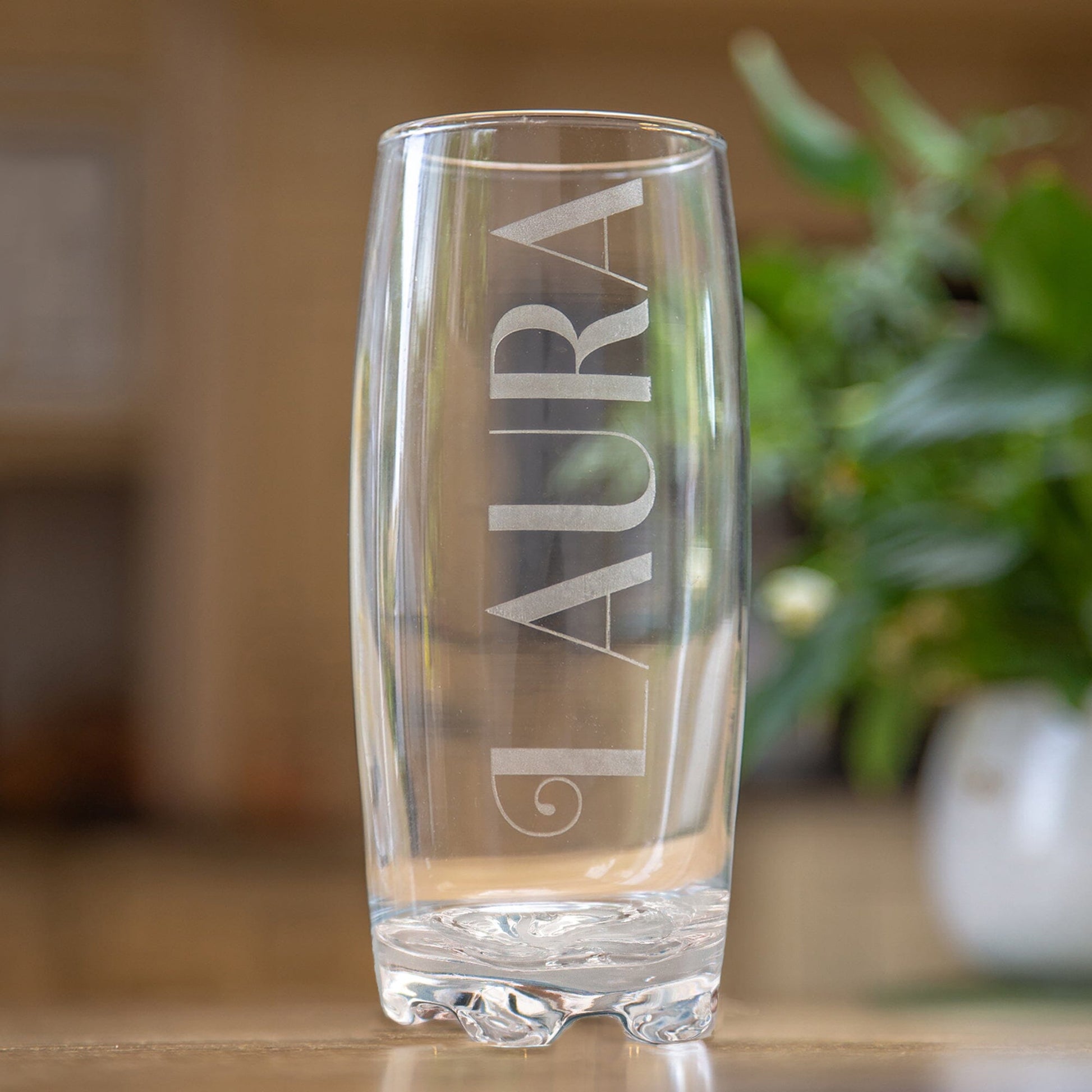 Personalised Name Hi Ball Glass Tumbler on the table indoors.