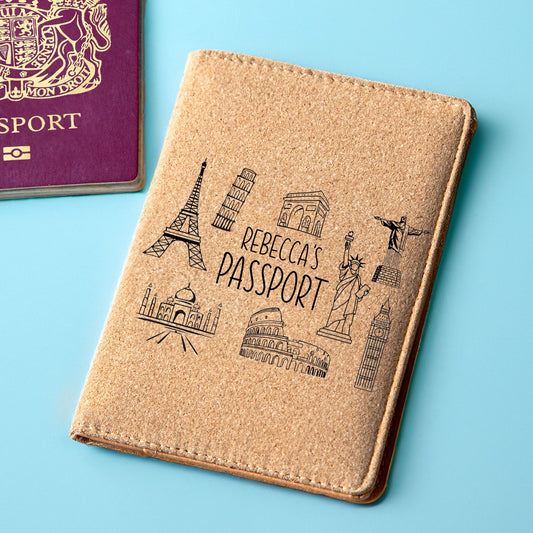 cork passport holder with design of landmarks on the front