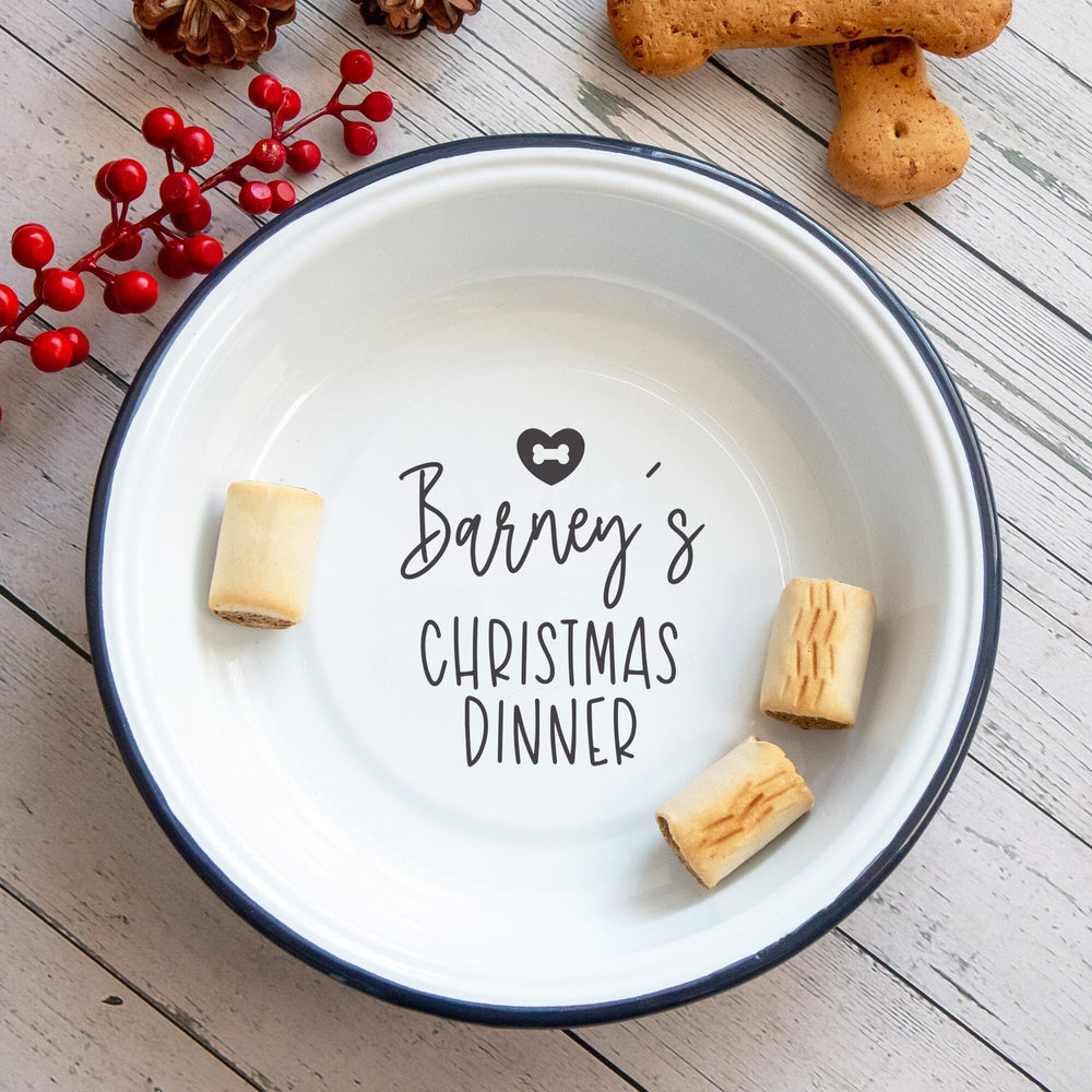 Personalised Pets Christmas Dinner Enamel Bowl dog treats around on the table