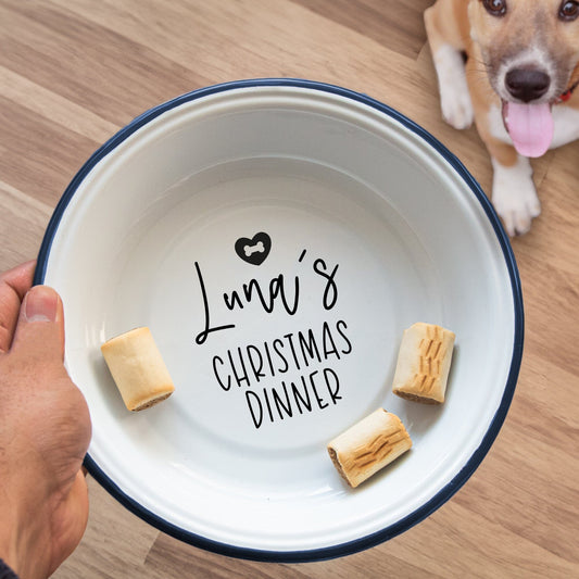 Personalised Pets Christmas Dinner Enamel Bowl with a dog in the backdrop