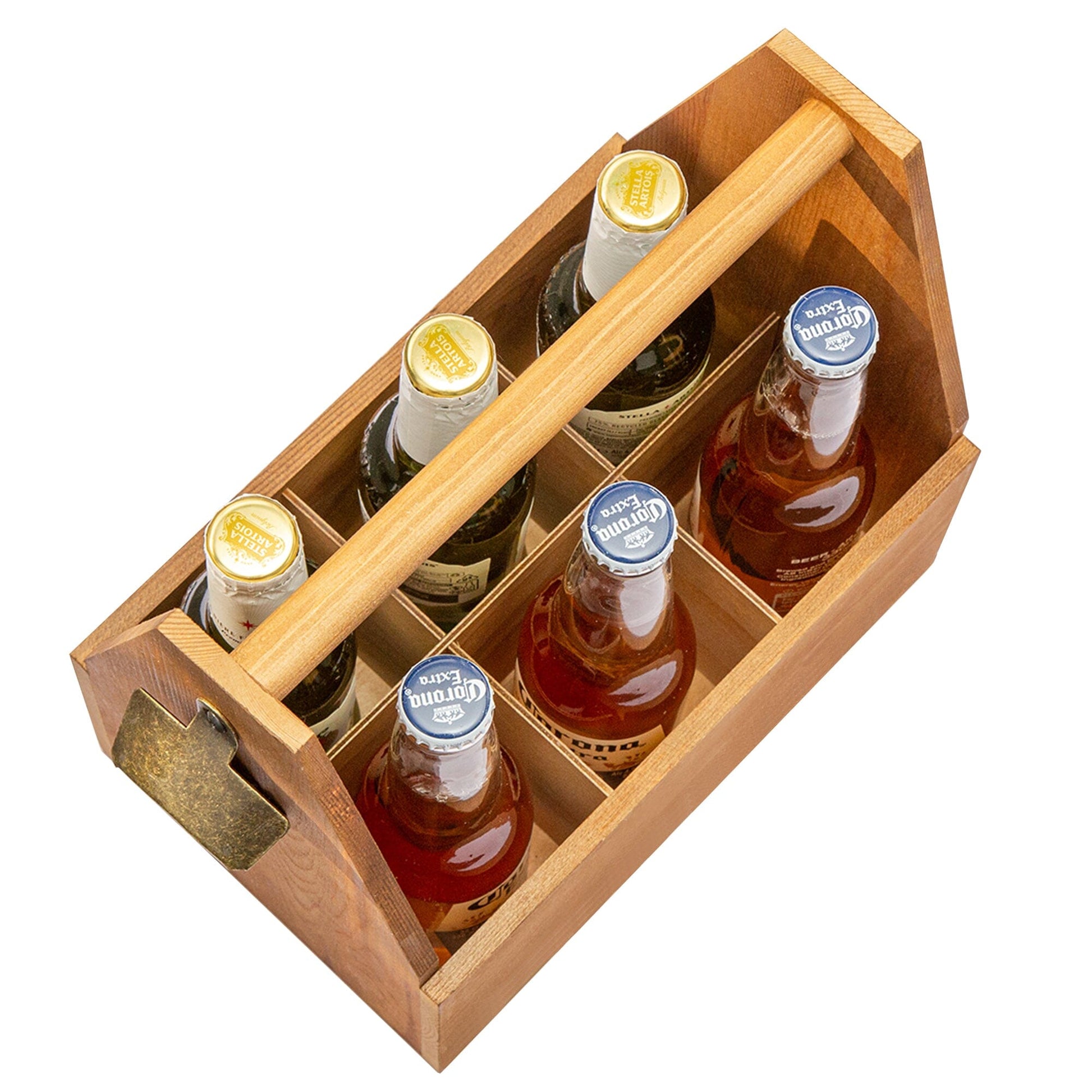 Picnic Wooden Caddy top view with six beer bottles in the six compartments