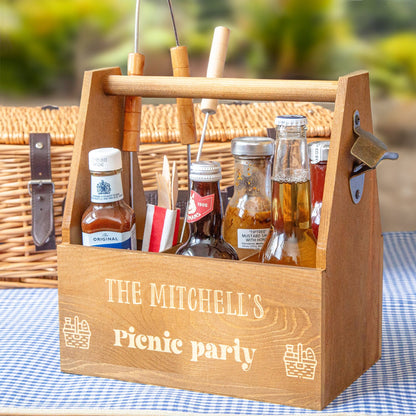 Personalised Picnic Wooden Caddy on  a picnic blanket