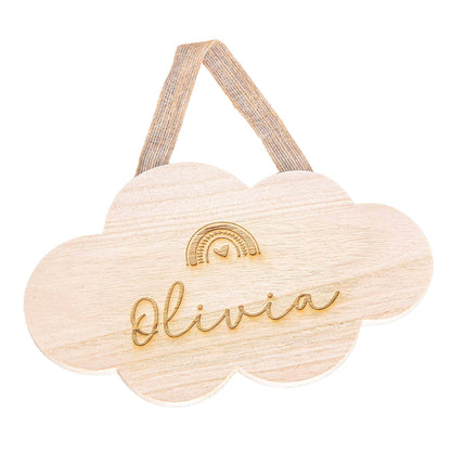 Personalised Rainbow Cloud Wooden Sign on white backdrop