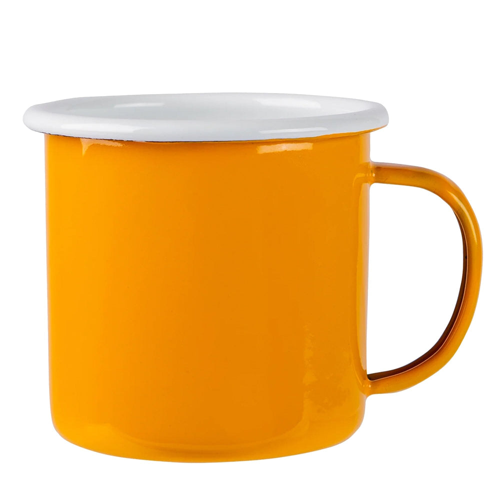 yellow enamel mug with white rim