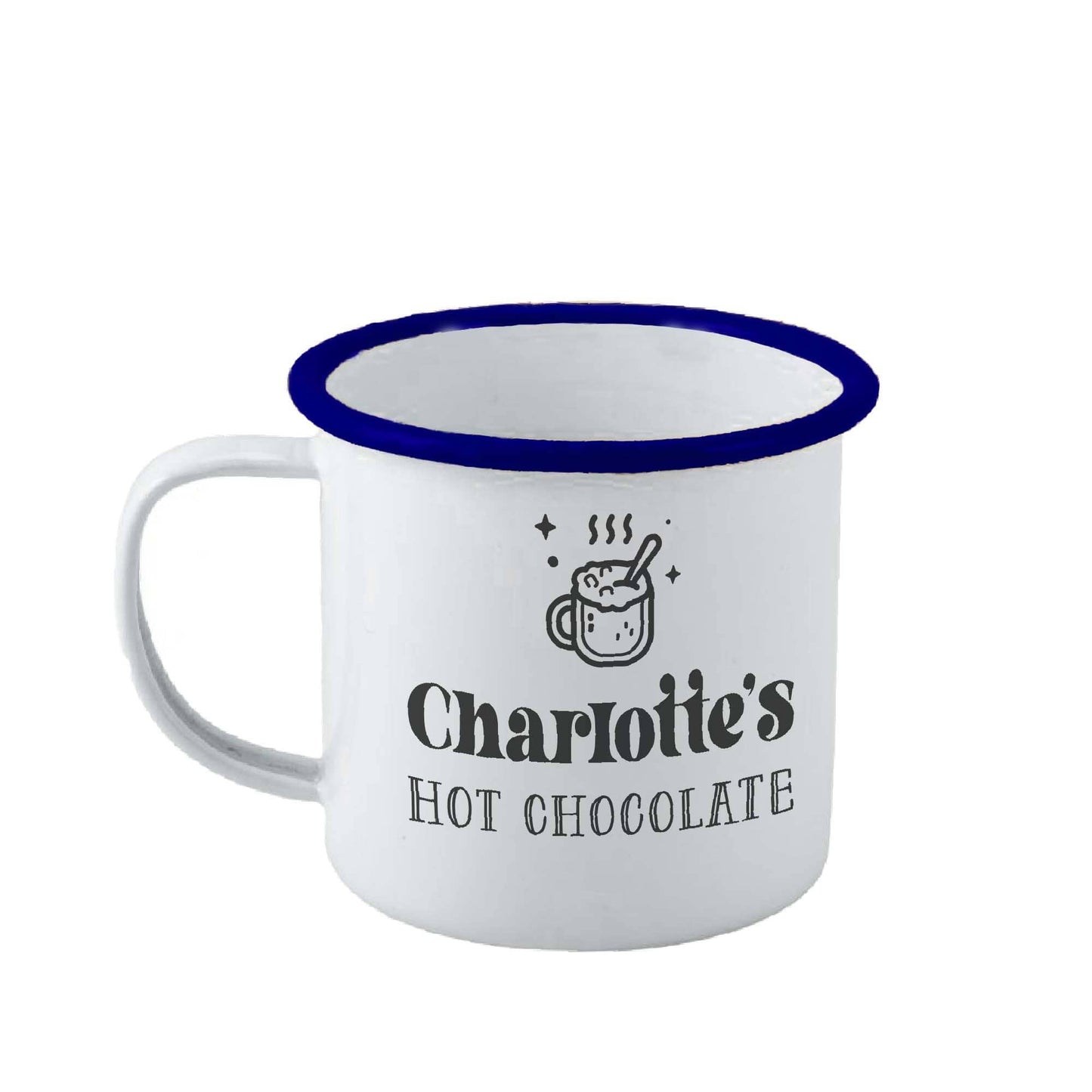 Personalised Retro Hot Chocolate Enamel Mug on white backrop