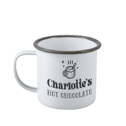 Personalised Retro Hot Chocolate Enamel Mug on white backrop