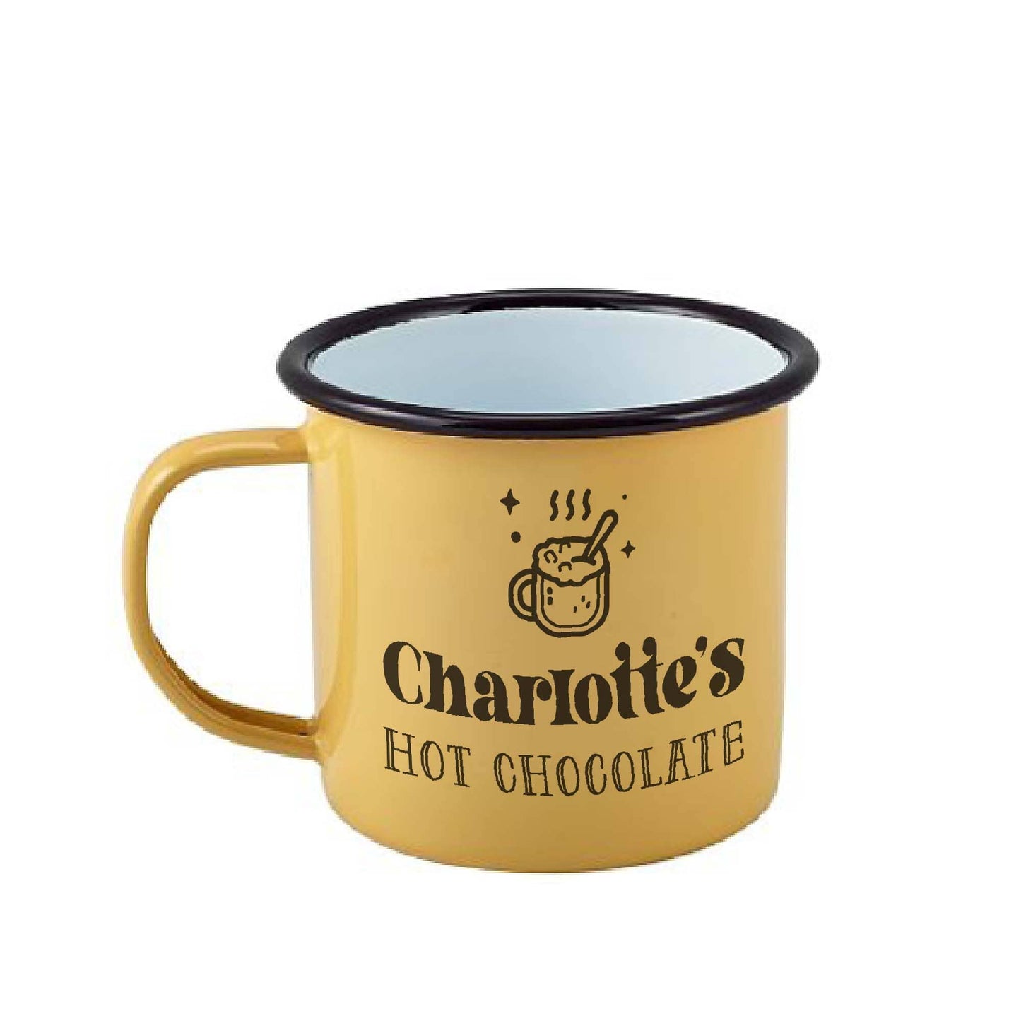 Personalised Retro Hot Chocolate Enamel Mug on white backrop