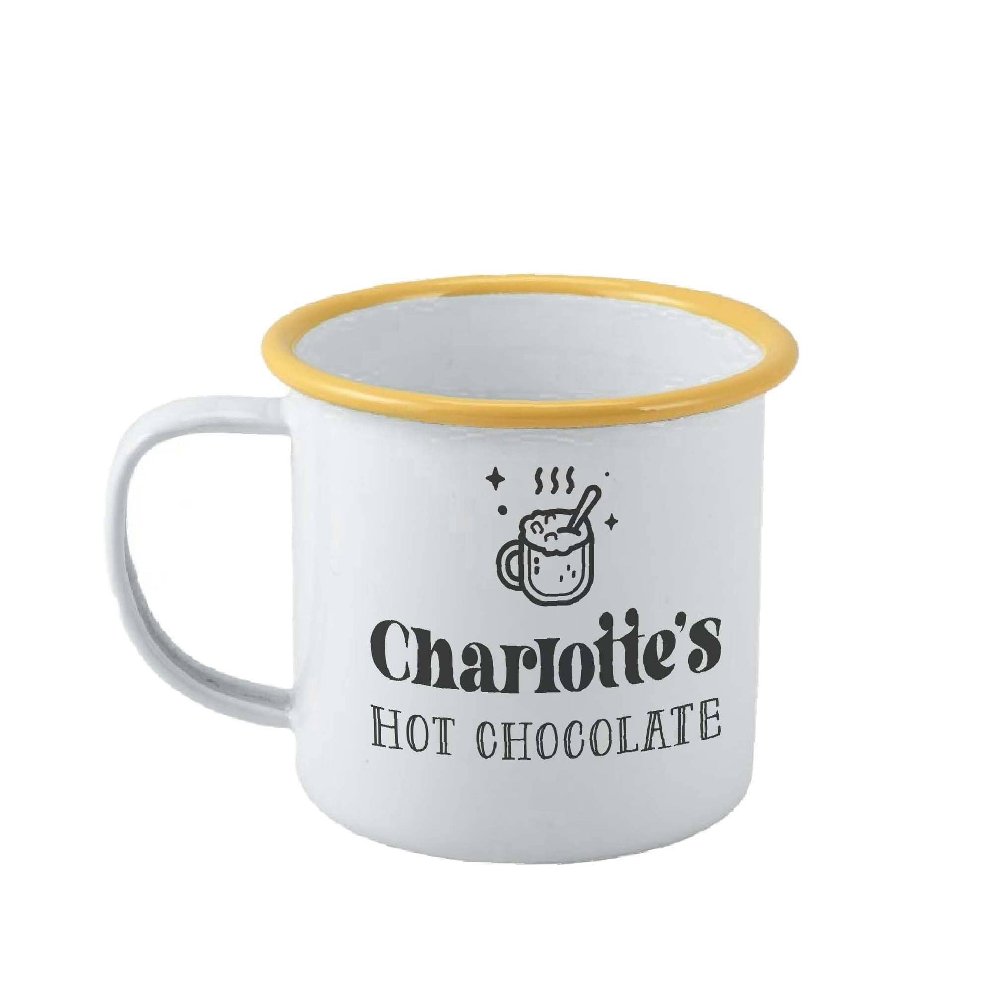 Personalised Retro Hot Chocolate Enamel Mug on white backrop