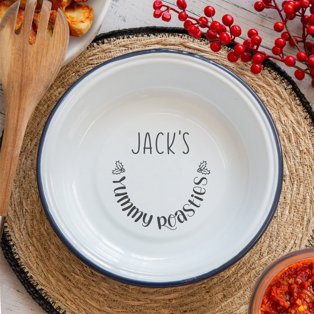 Personalised Roast Potatoes Enamel Serving Bowl on the table