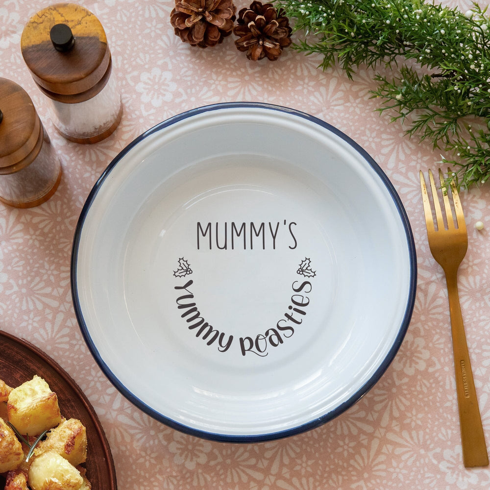 Personalised Roast Potatoes Enamel Serving Bowl on the table with potatos and salt & pepper around