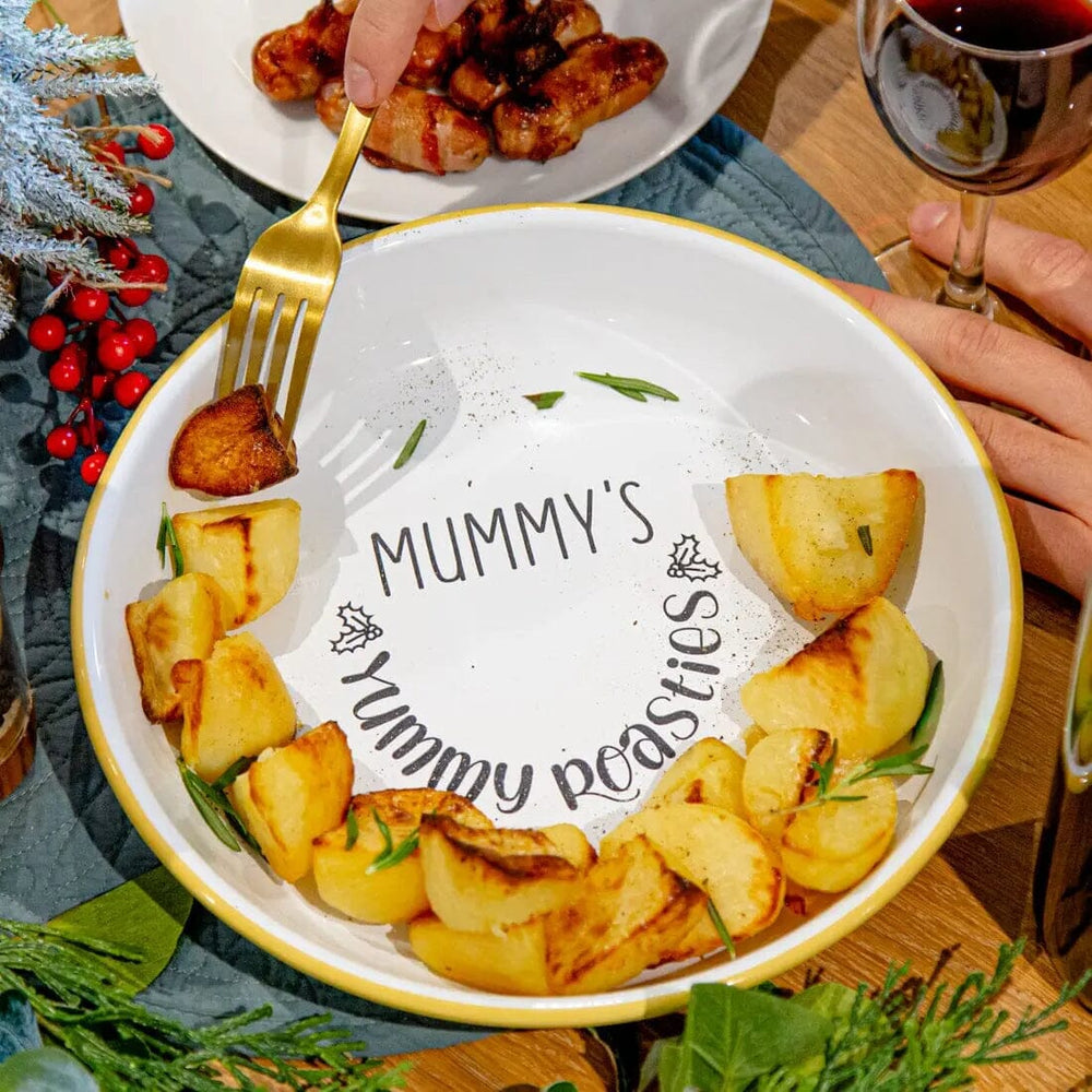 Personalised Roast Potatoes Enamel Serving Bowl on the table
