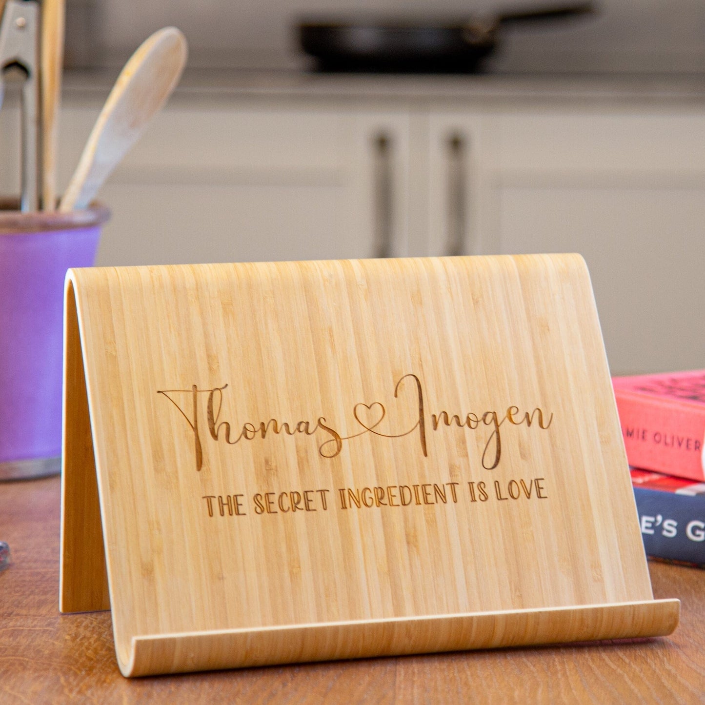 Personalised Secret Ingredient Bamboo Cook Book Stand on the kitchen counter