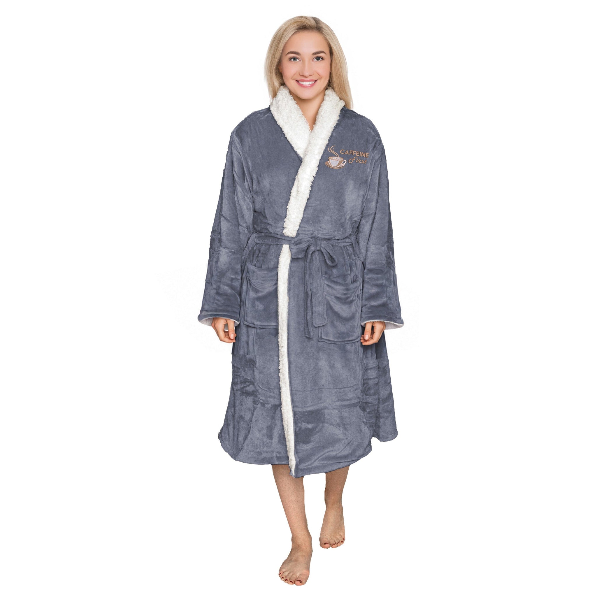 Woman wearing an embroidered slate sherpa robe with 'Caffeine First' logo on white backdrop