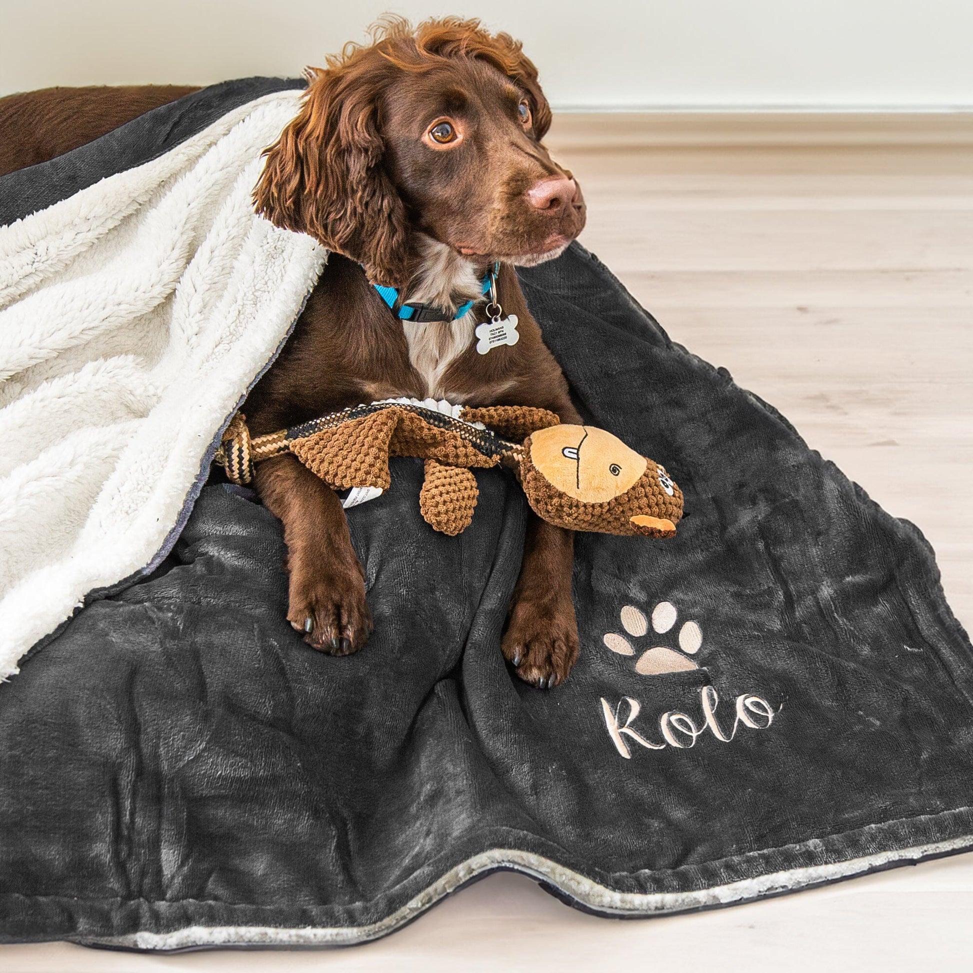 Black Personalised Sherpa Dog blanket with Rolo embroidered underneath a paw print. 