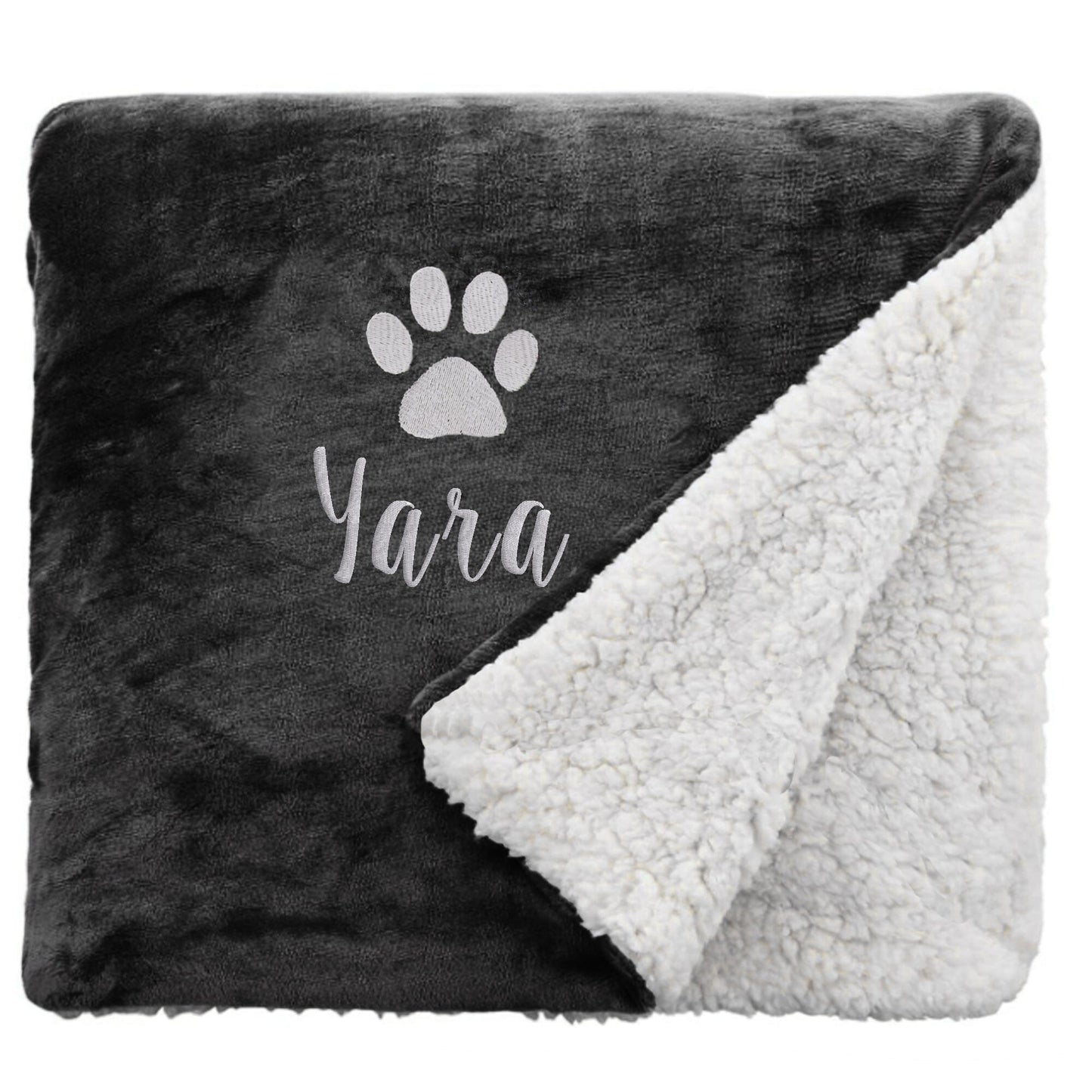 Black Personalised Sherpa Dog blanket with a pawprint design and personalisation of 'Yara'
