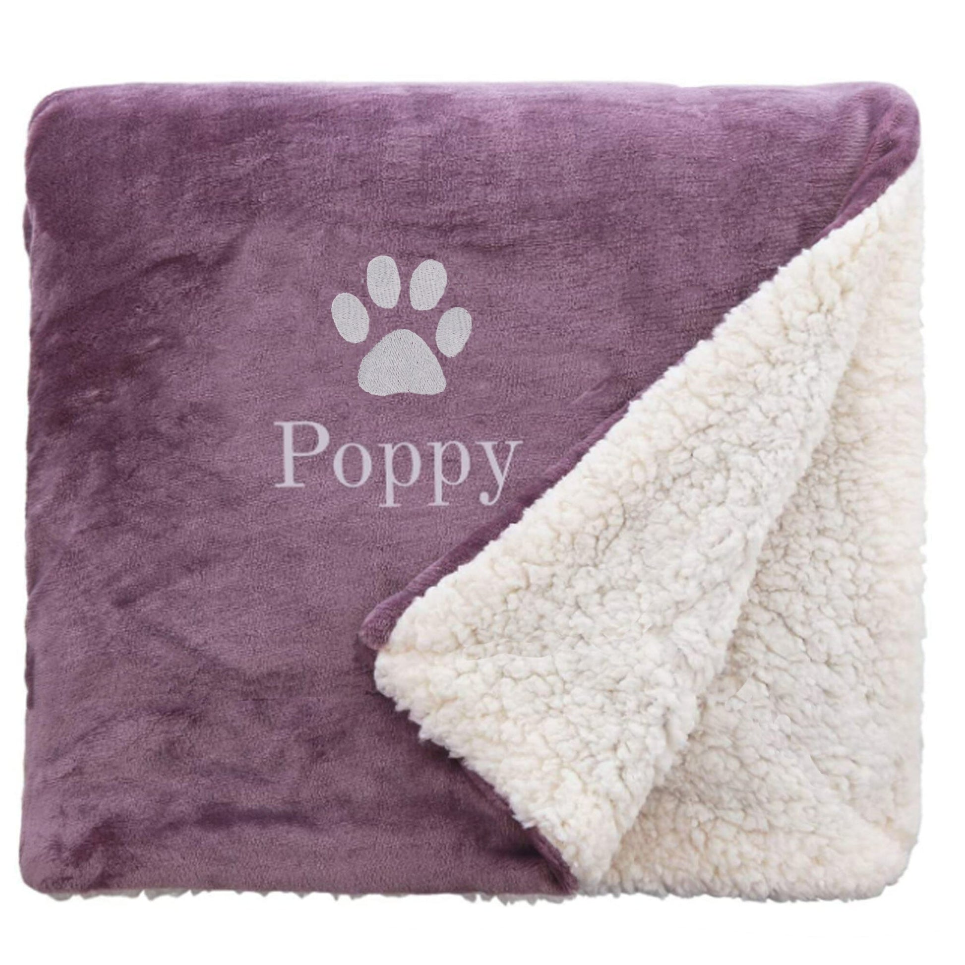 Lavender Personalised Sherpa Dog blanket with a pawprint design and personalisation of 'Poppy'
