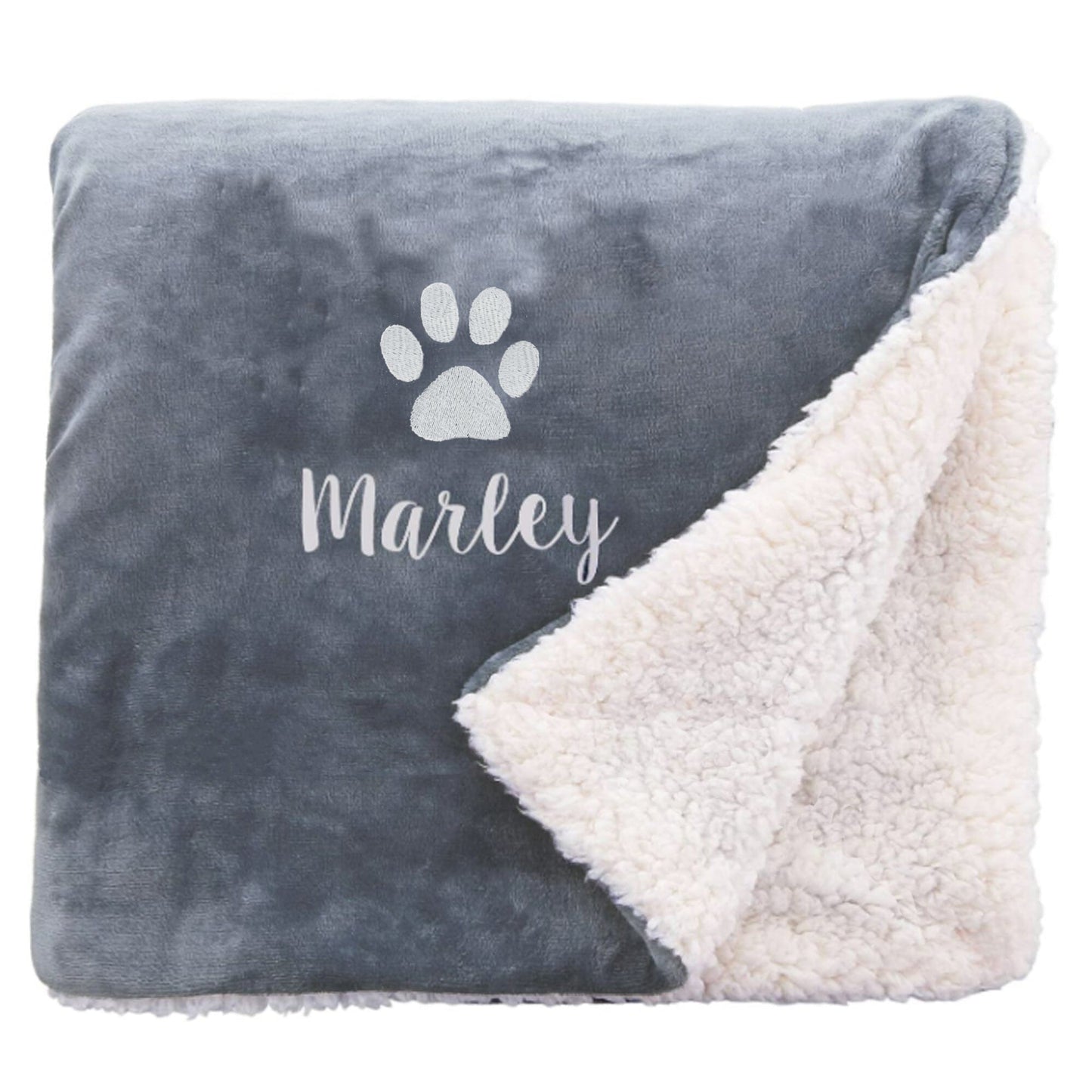 Slate Personalised Sherpa Dog blanket with a pawprint design and personalisation of 'Marley'