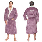 Personalised sherpa robe with white trim worn by a person, shown from front and back on a white background.