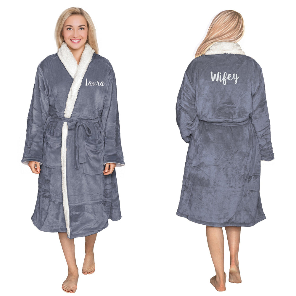 Personalised sherpa robe with white sherpa lining worn by a female model, shown from front and back on a white background.