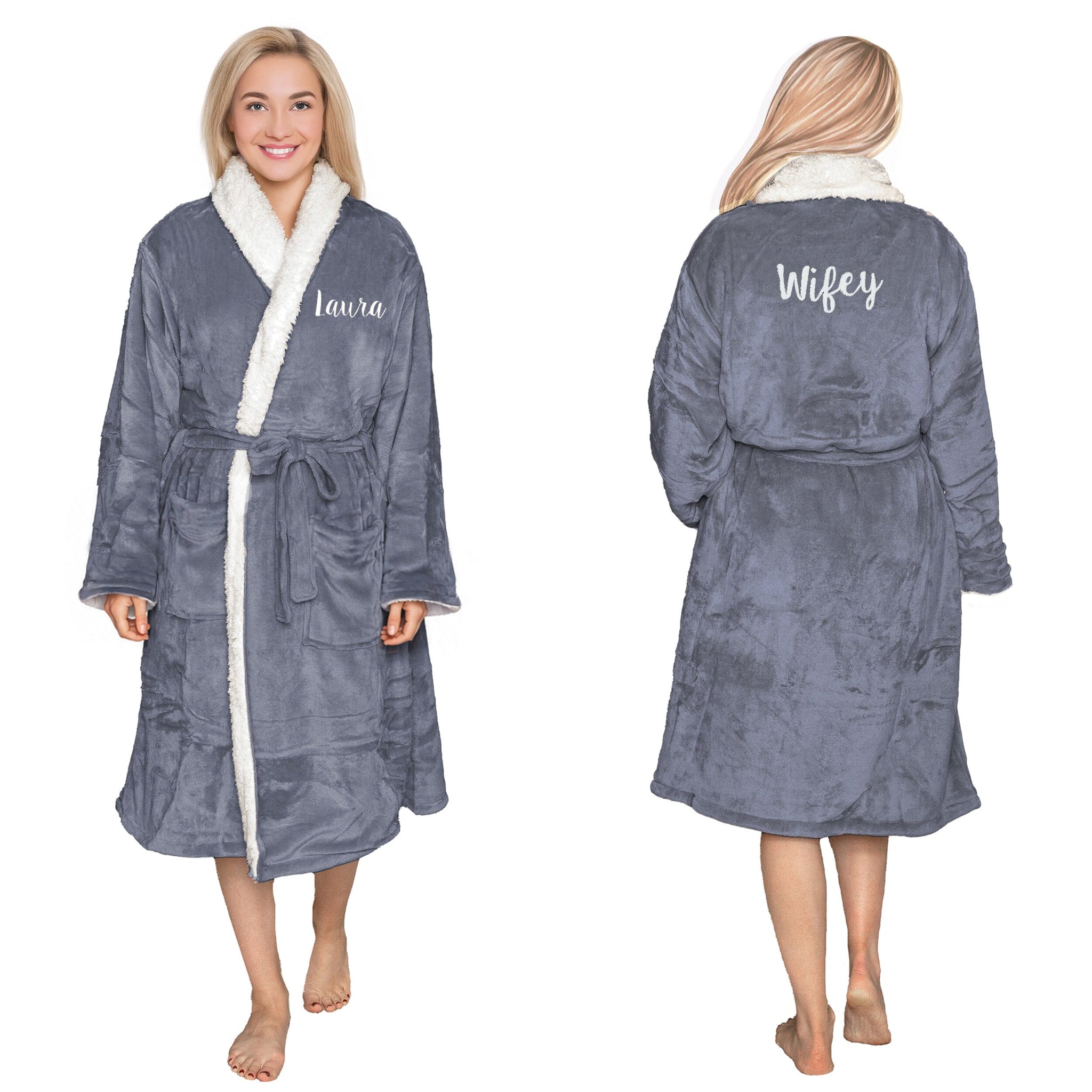Personalised sherpa robe with white sherpa lining worn by a female model, shown from front and back on a white background.