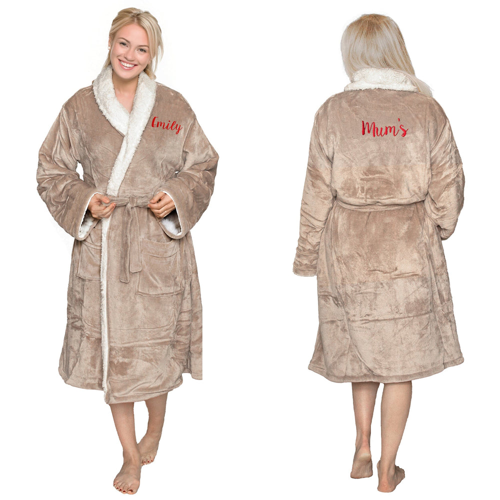 Woman wearing a personalised sherpa robe with 'Mum's' embroidered on the back, front and back views shown.