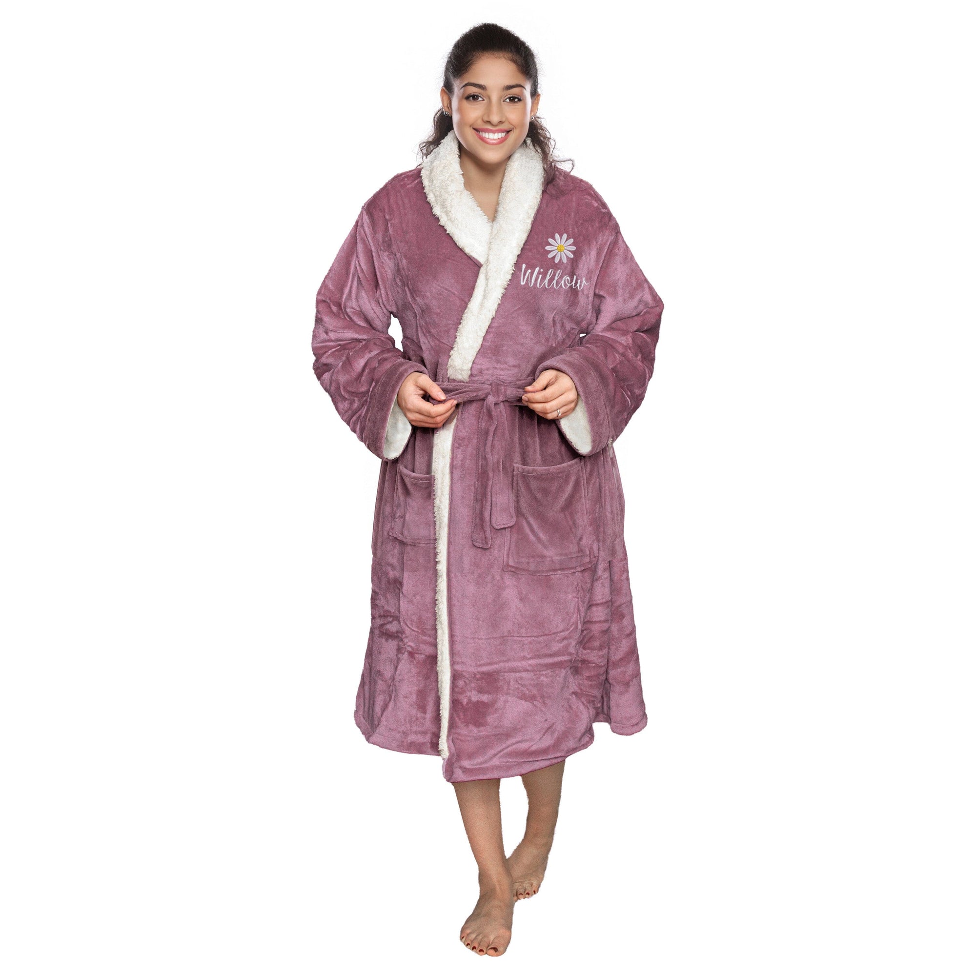 Woman wearing a Personalised Lavender sherpa robe with a flower logo, on a white backdrop
