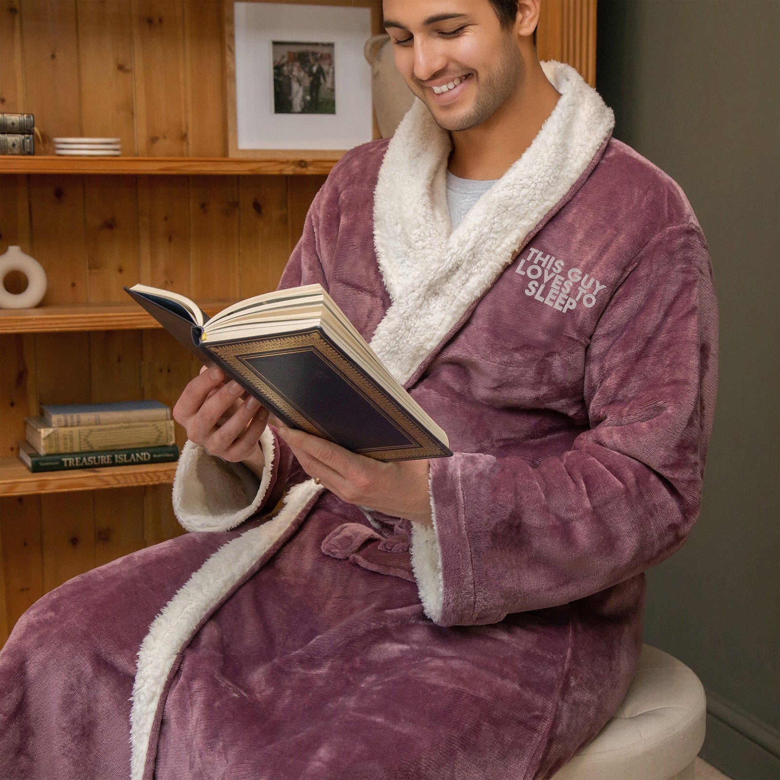 Personalised Lavender Sherpa Fleece Dressing gown with embroidered 'Loves to Sleep' Logo