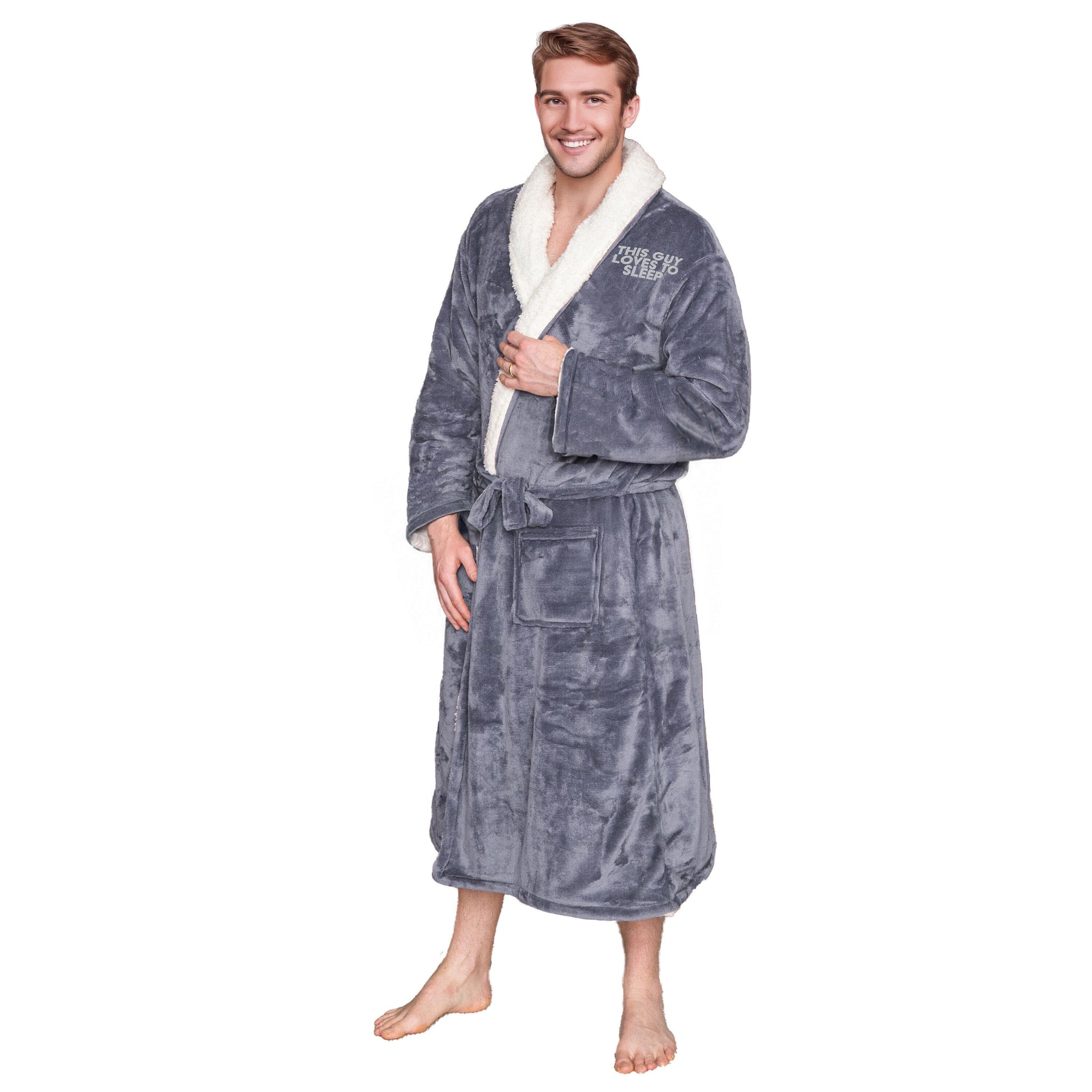 Personalised Slate Sherpa Fleece Dressing gown with embroidered 'Loves to Sleep' Logo on white backdrop