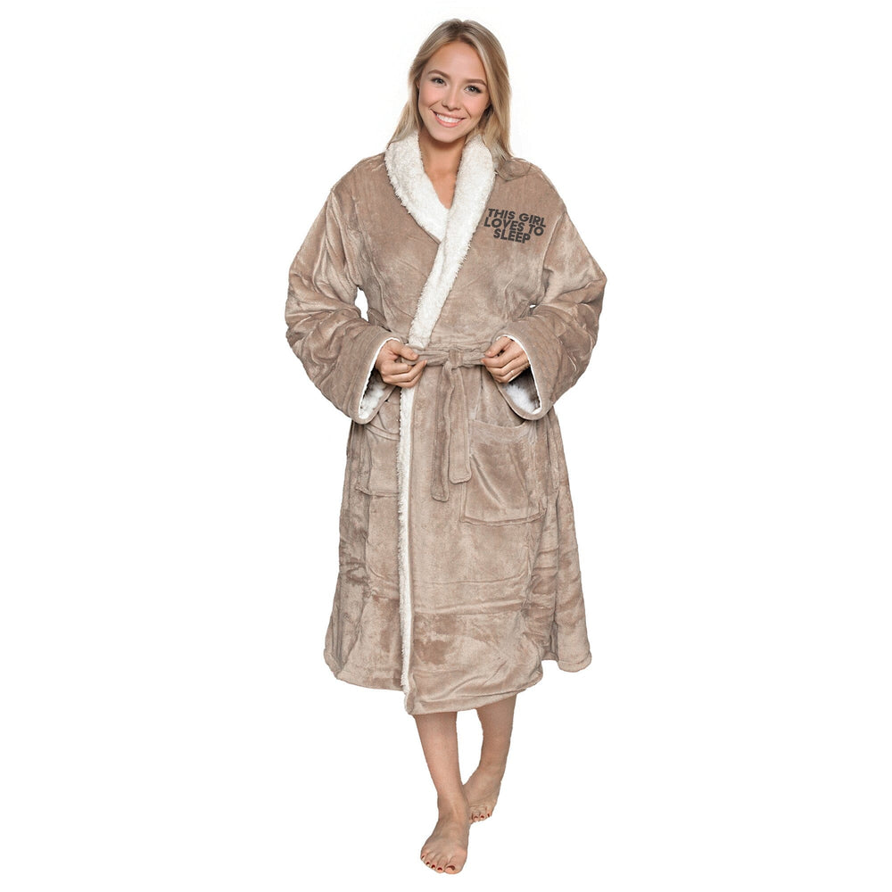 Personalised Taupe Sherpa Fleece Dressing gown with embroidered 'Loves to Sleep' Logo on white backdrop