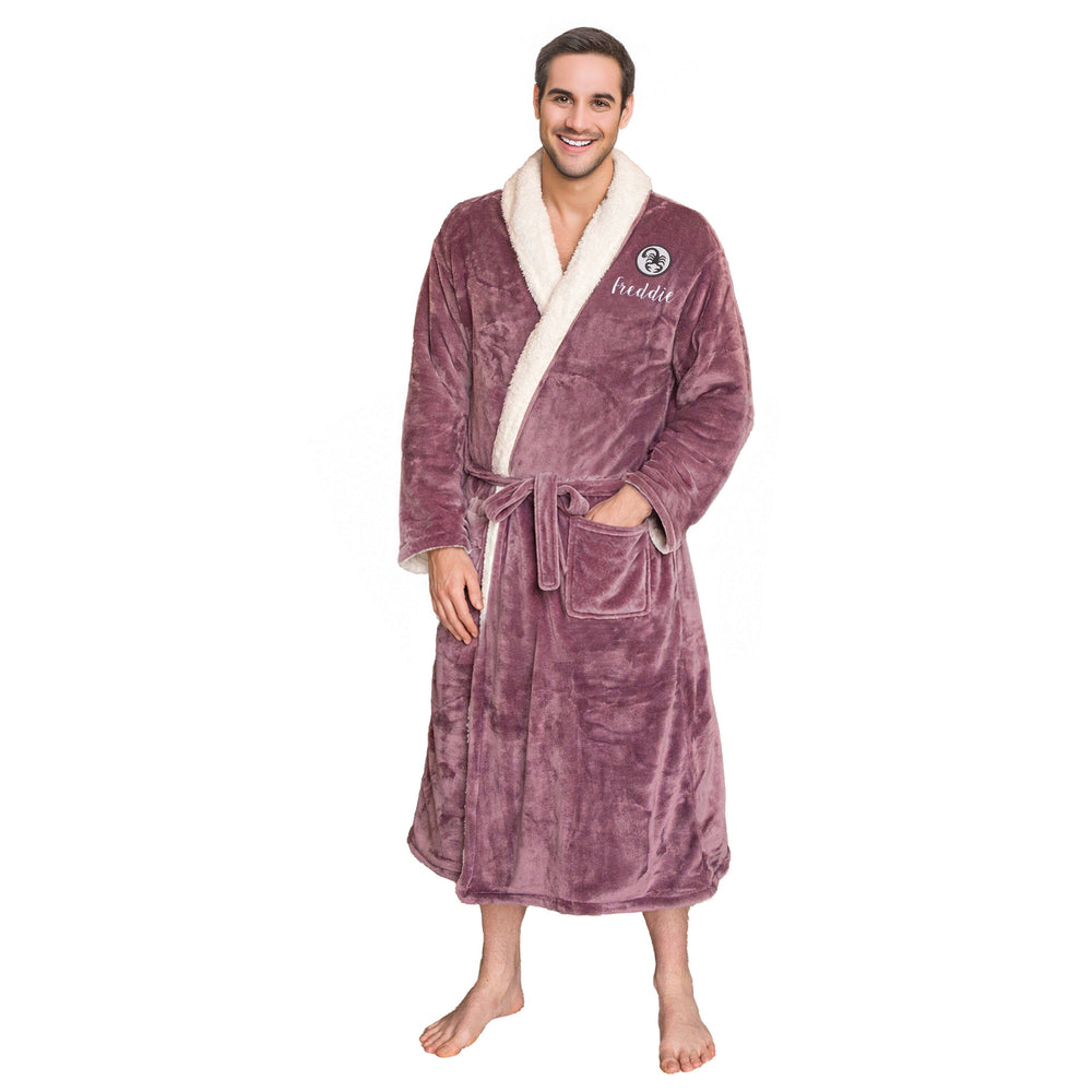 Man wearing a lavender sherpa plush robe with a zodiac Scorpio logo and a personalised, on a white background