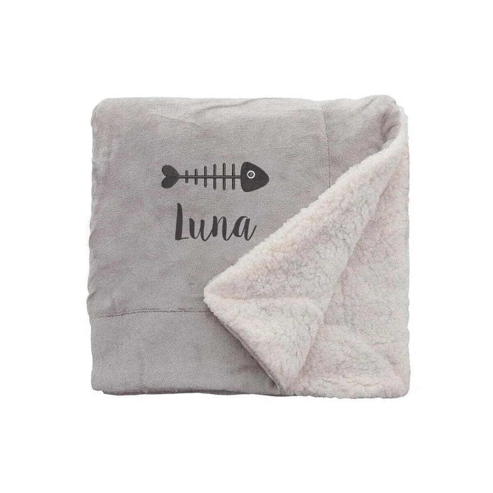 Personalised Sherpa Style Cat Blanket in Taupe on White Backdrop