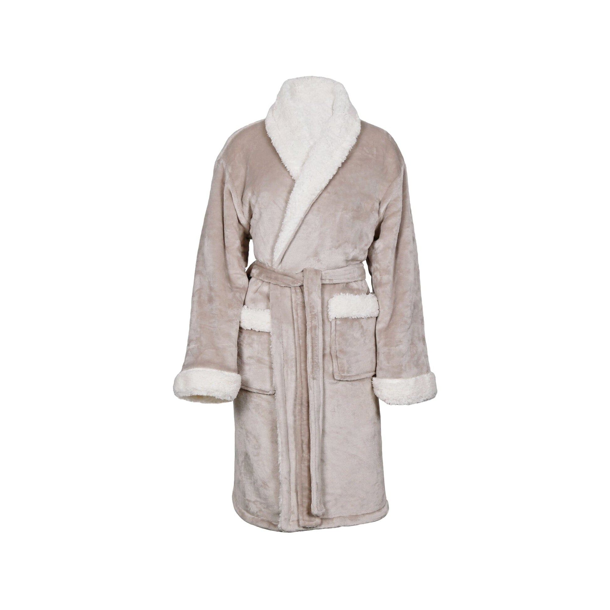 Front of sherpa robe in Taupe