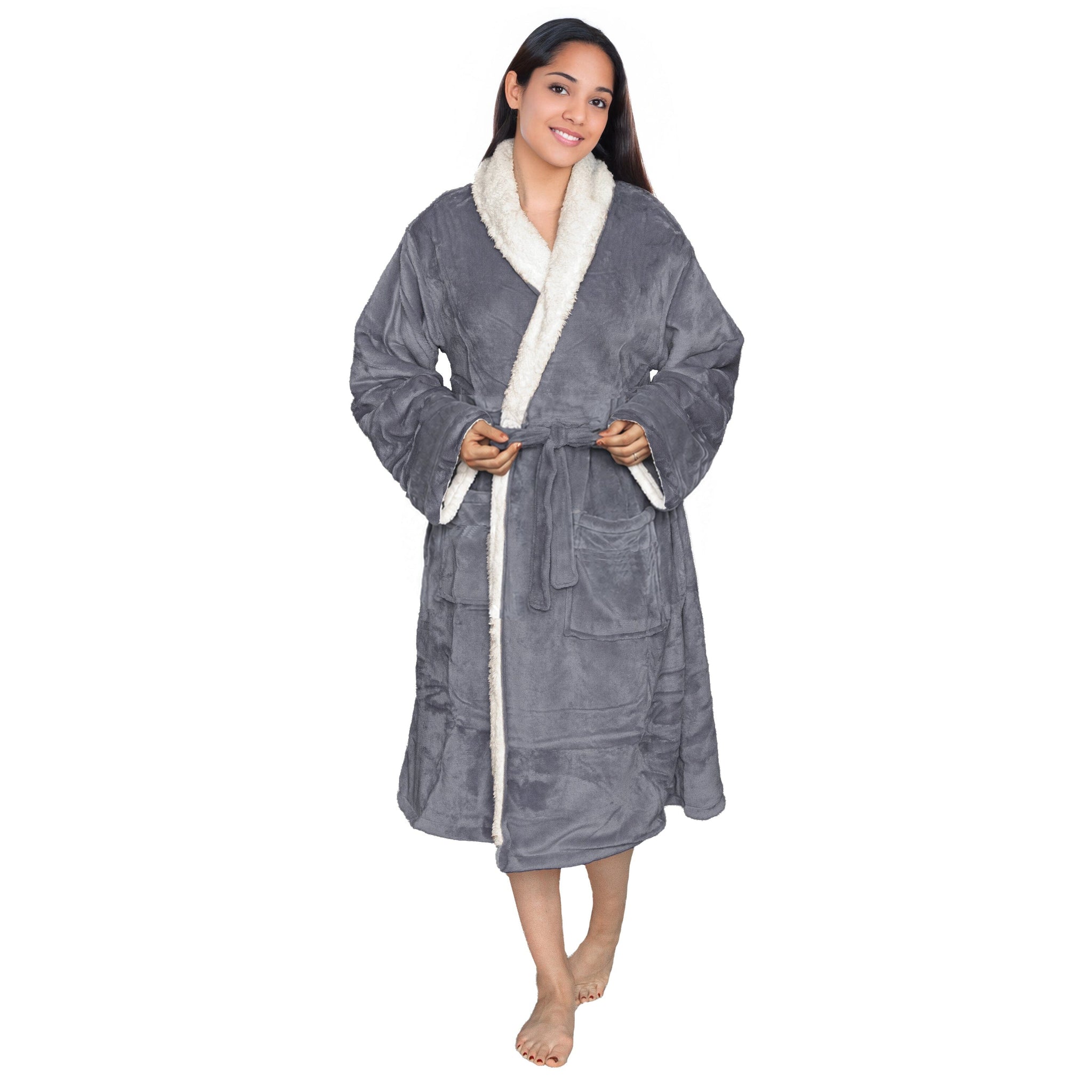 Woman wearing a slate personalised sherpa robe with white lining on a white background