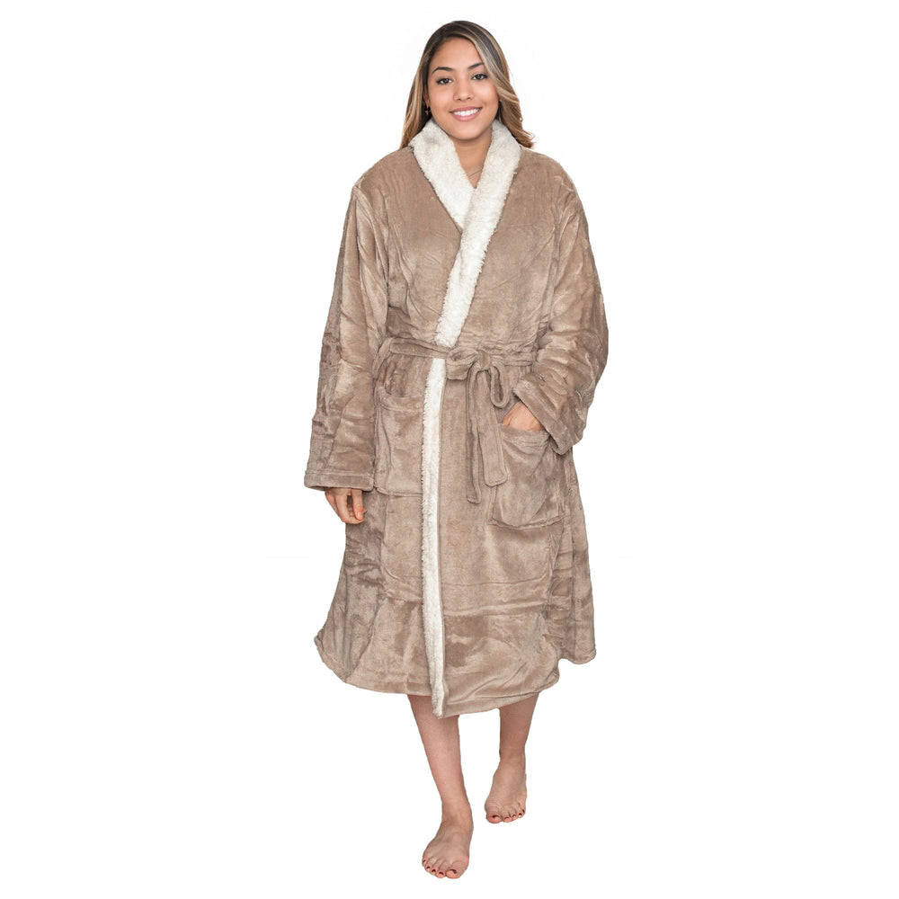 Woman wearing a personalised sherpa robe with white lining on a white background
