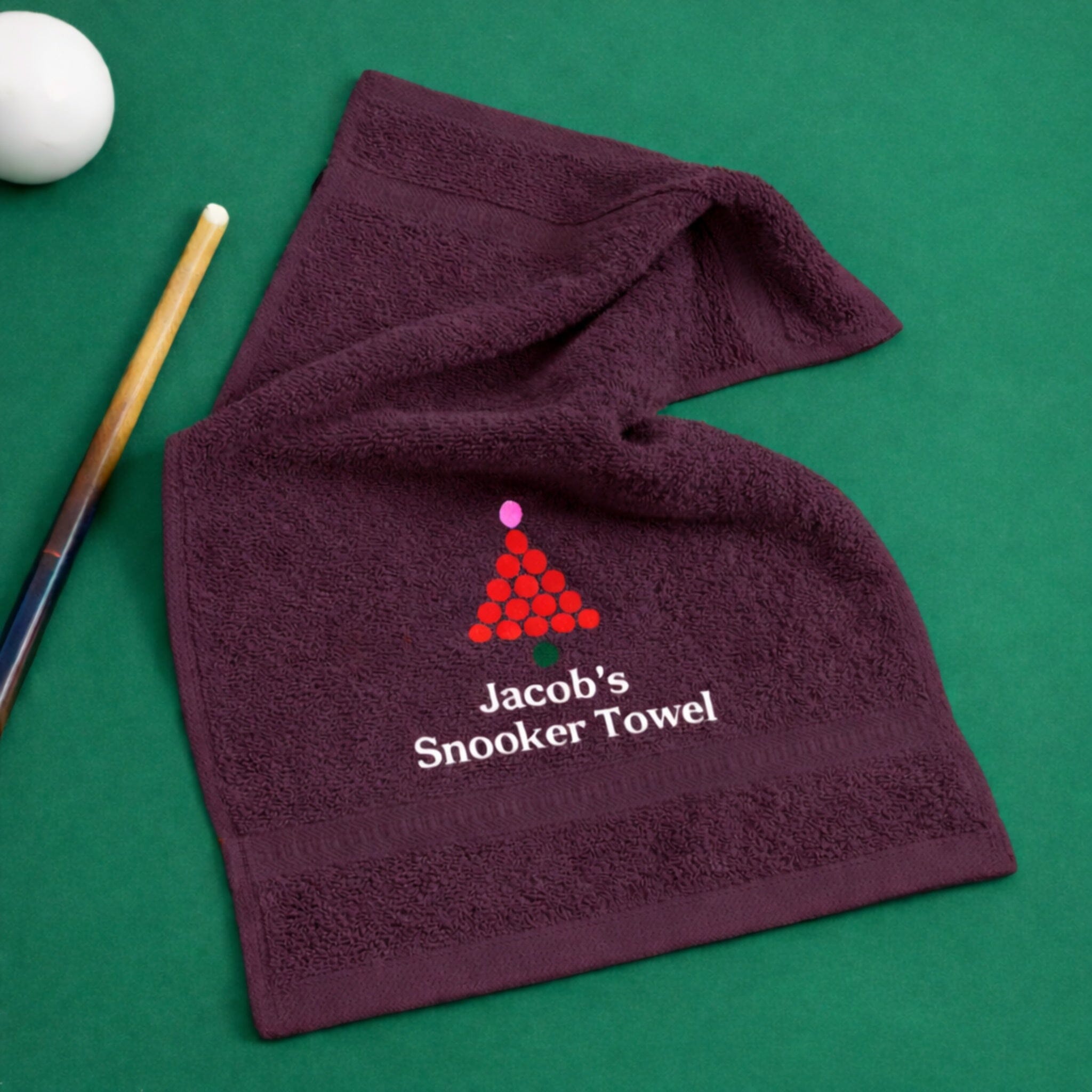 snooker logo on aubergine towel