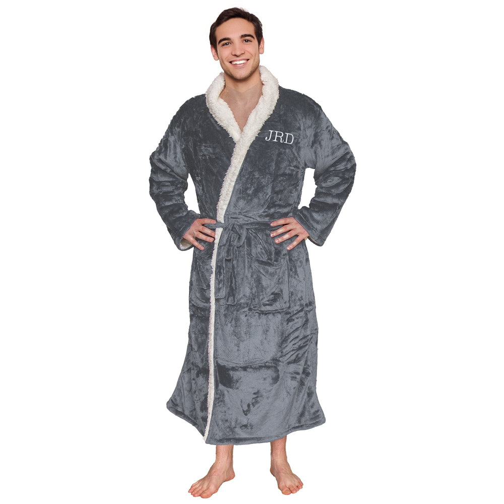 Man wearing a gray robe with sherpa lining on a white background