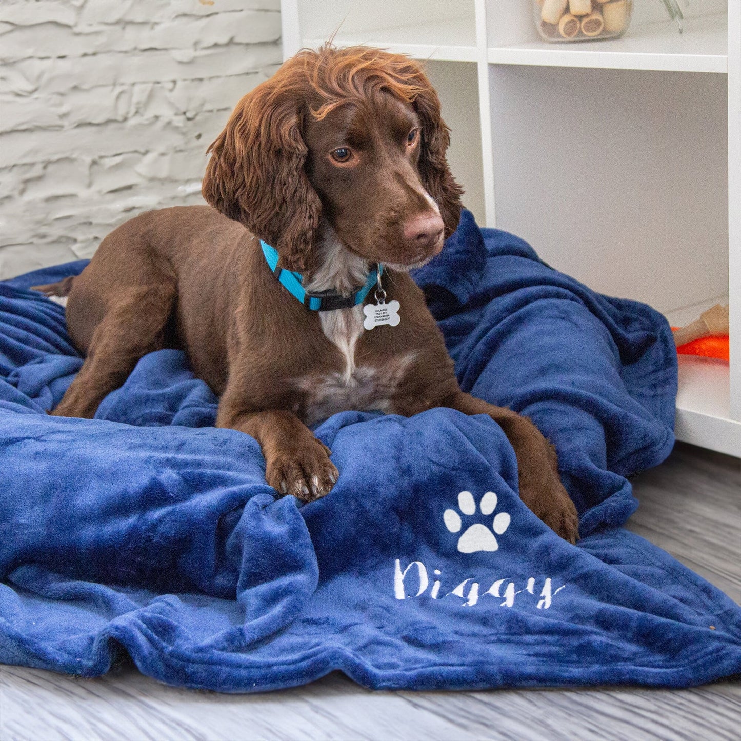 Navy coloured personalised dog blanket with Diggy embroidered underneath a paw print. The dog blanket is on a dog bed