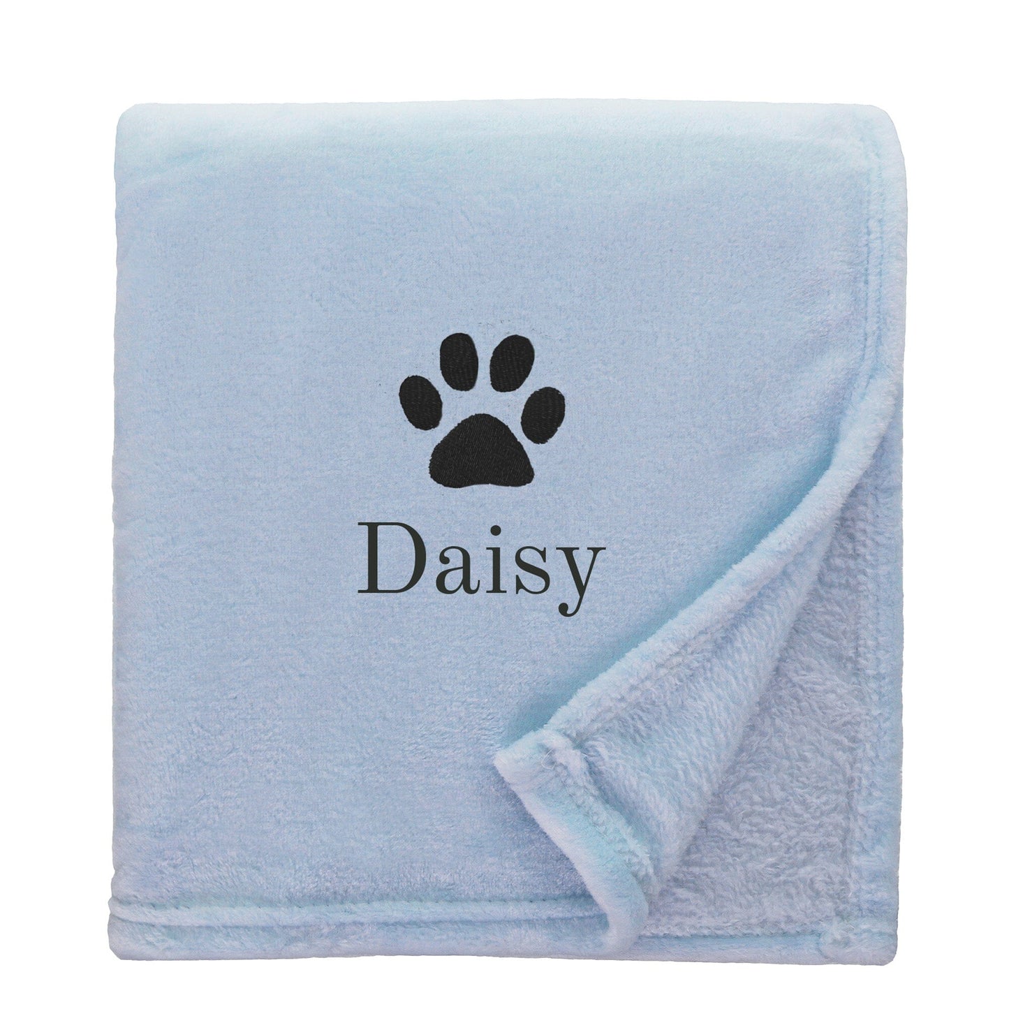 Duck Egg Dog Throw with a pawprint design and personalisation of 'Daisy'