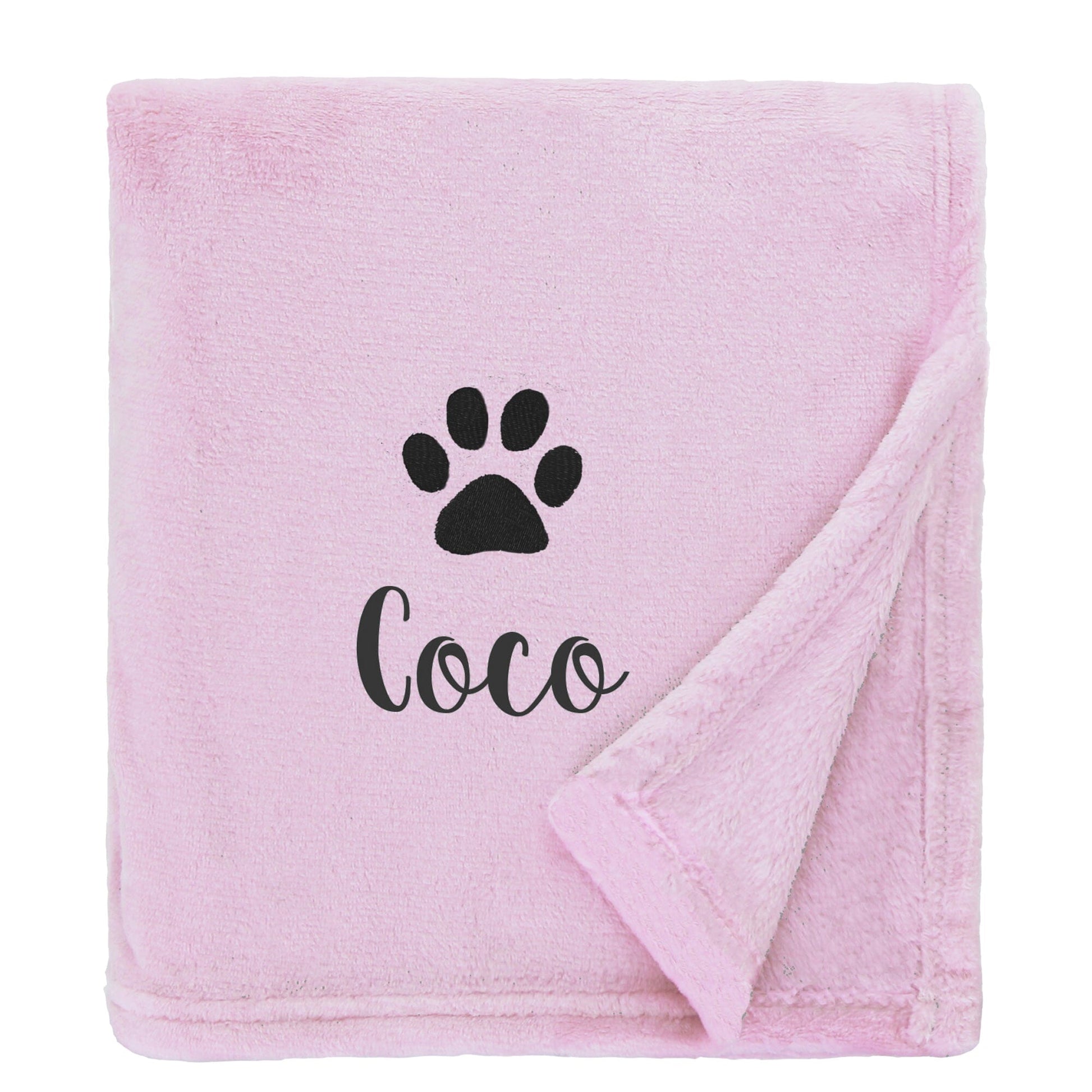 Pink Dog Throw with a pawprint design and personalisation of 'Coco'