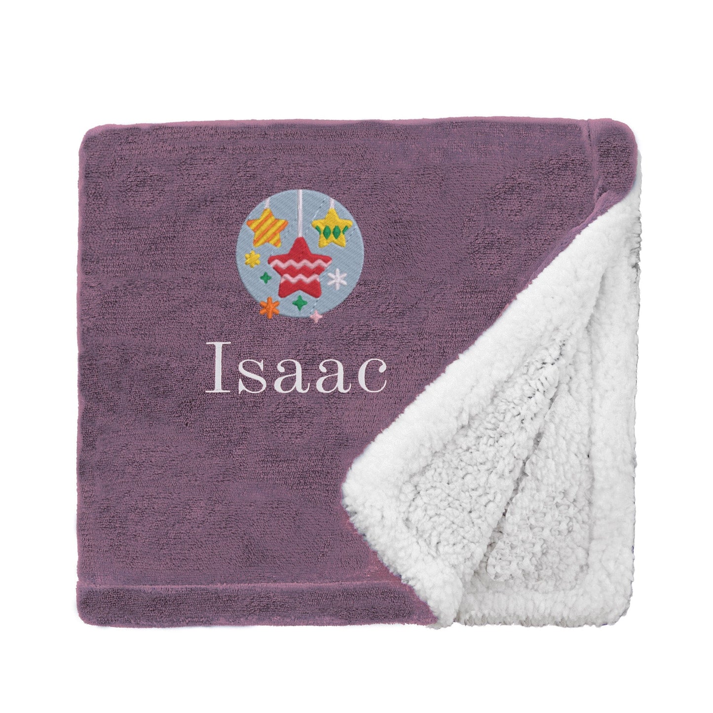 Lavender Personalised Star Baubles Christmas Mini Sherpa Blanket On White Backdrop