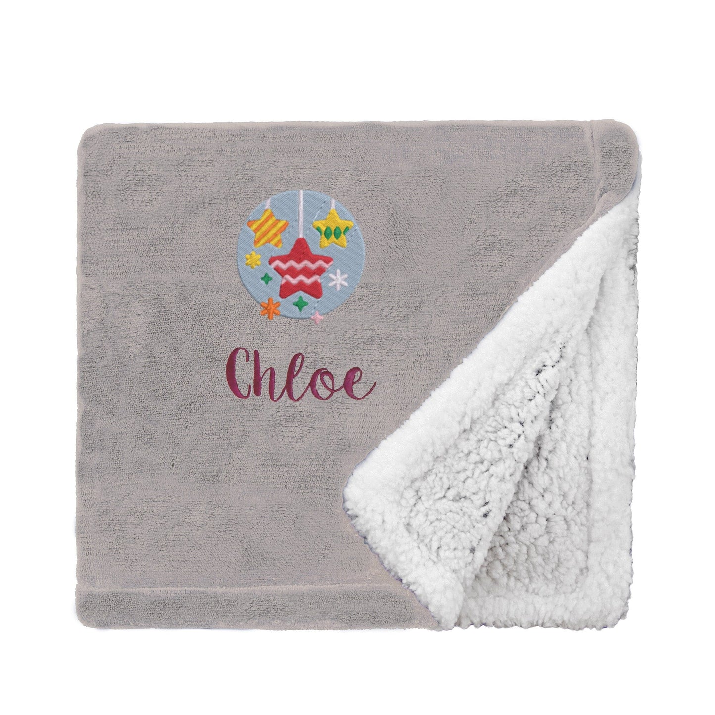 Taupe Personalised Star Baubles Christmas Mini Sherpa Blanket On White Backdrop