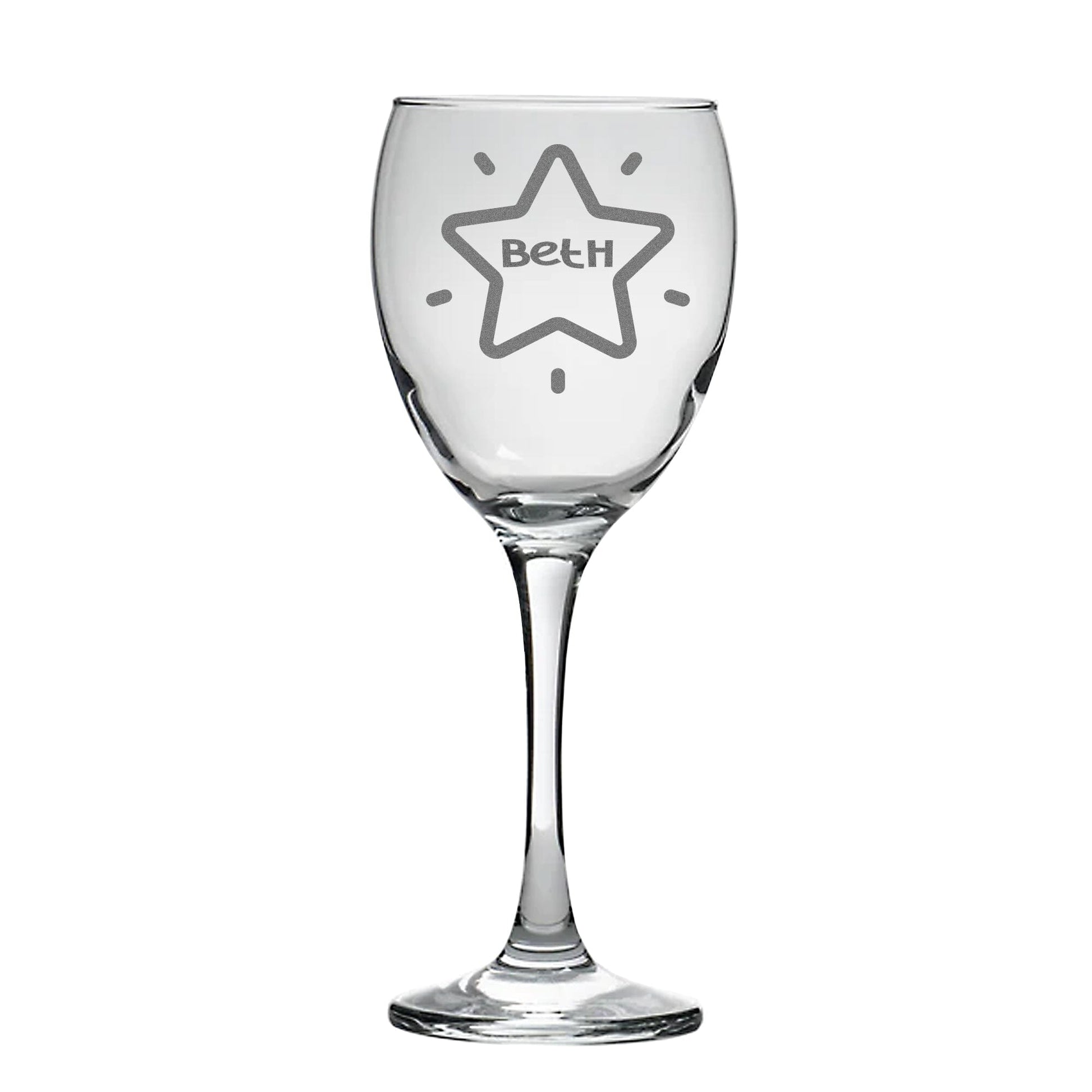 A personalised wine glass with a name inside a start